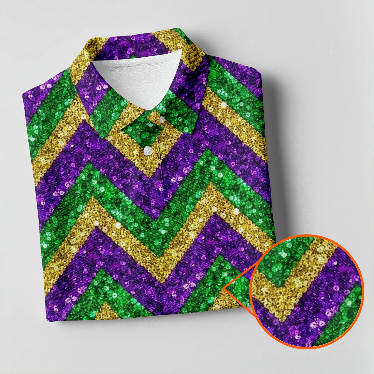 Mardi Gras Purple Gold Green Zigzag Pattern Glitter Print Women's Golf Tops, Women's Golf Shirts, Ladies Golf Polos