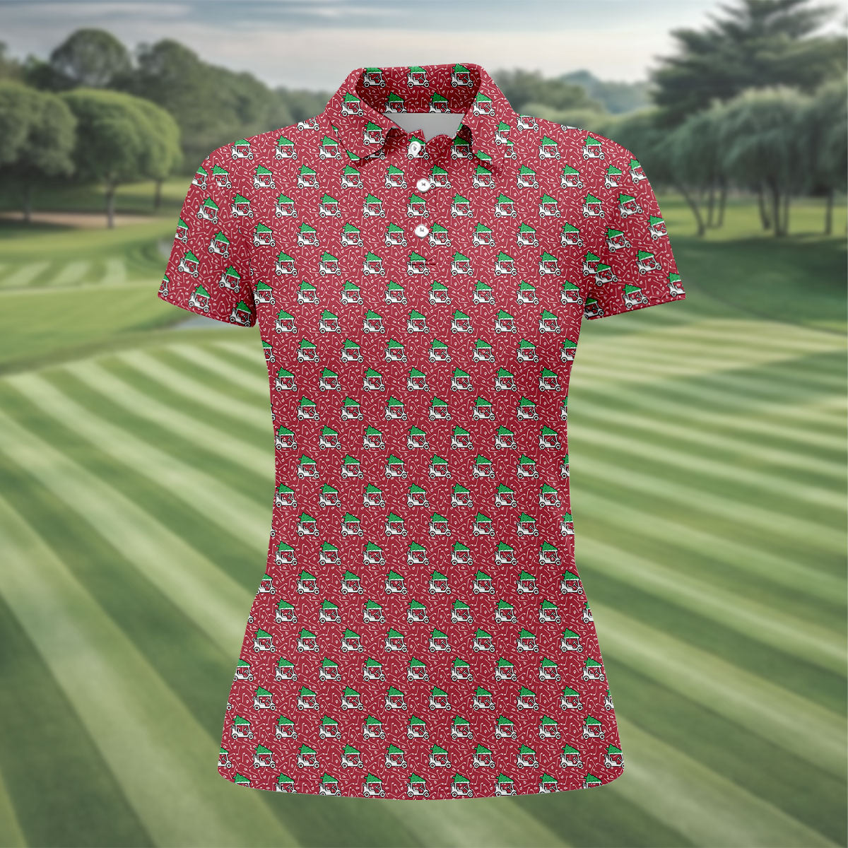 Christmas Golf Cart Pattern Red Women's Golf Tops, Christmas Golf Shirt, Polo ShirtFor Women