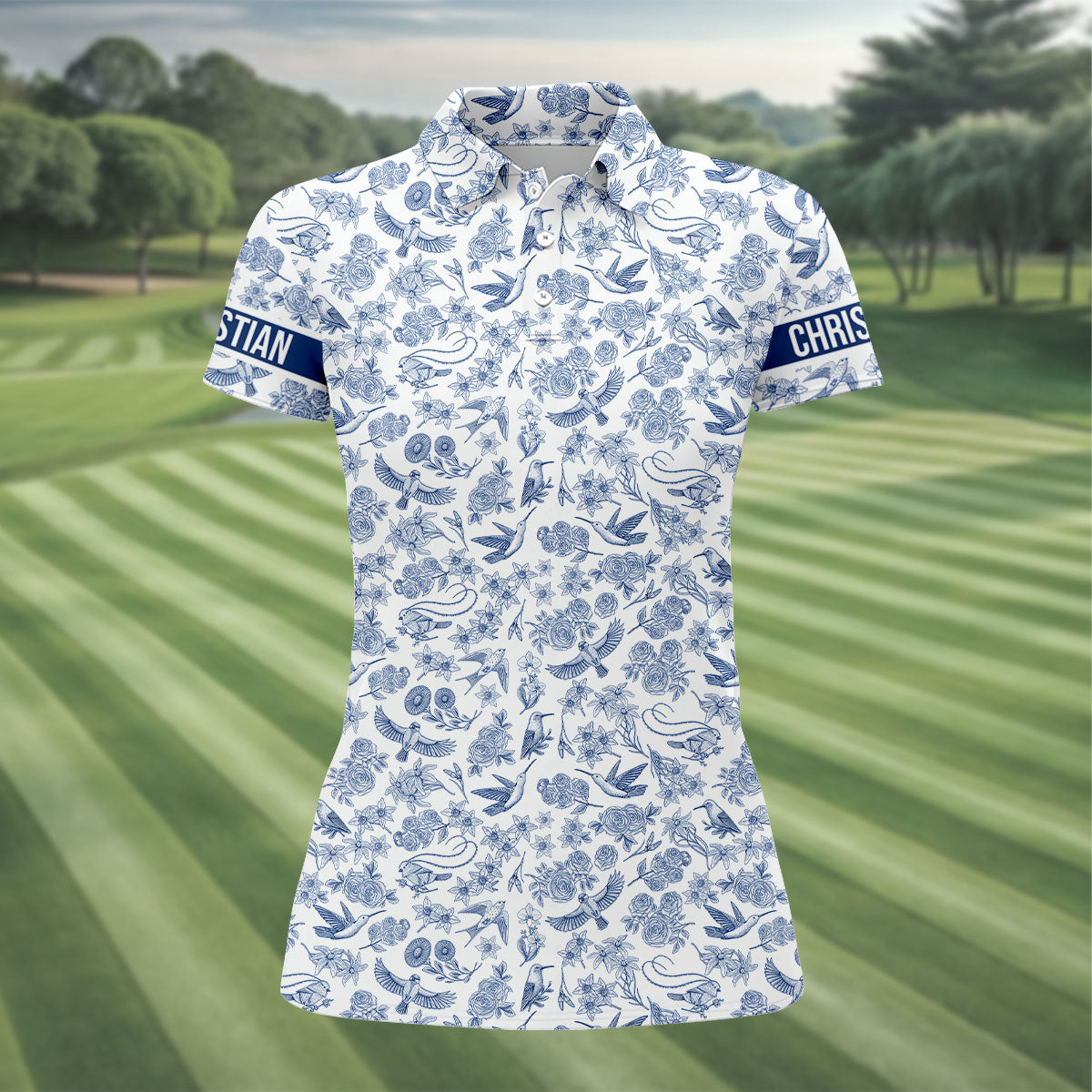Custom Name Toile de Jouy Birds And Flowers Blue Golf Shirt, Women Golf Top, Ladies Golf Polos