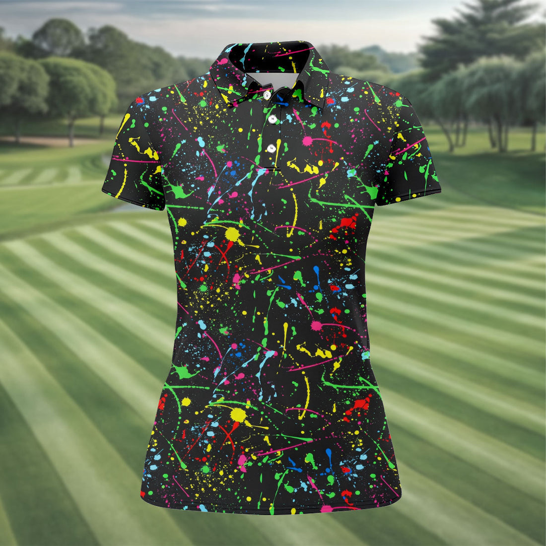 Neon Paint Splatter Pattern Golf Shirt, Women's Golf Shirt, Hawaiian Golf Shirt, Golf Polo For Women