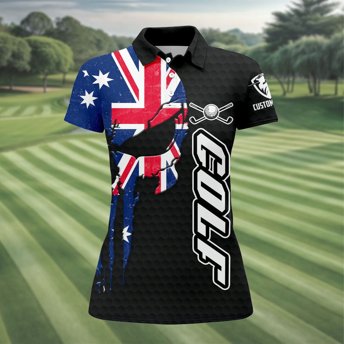 Cool Skull Golf Ball Pattern Australia Flag Print Black Golf Shirt, Golf Shirt For Women