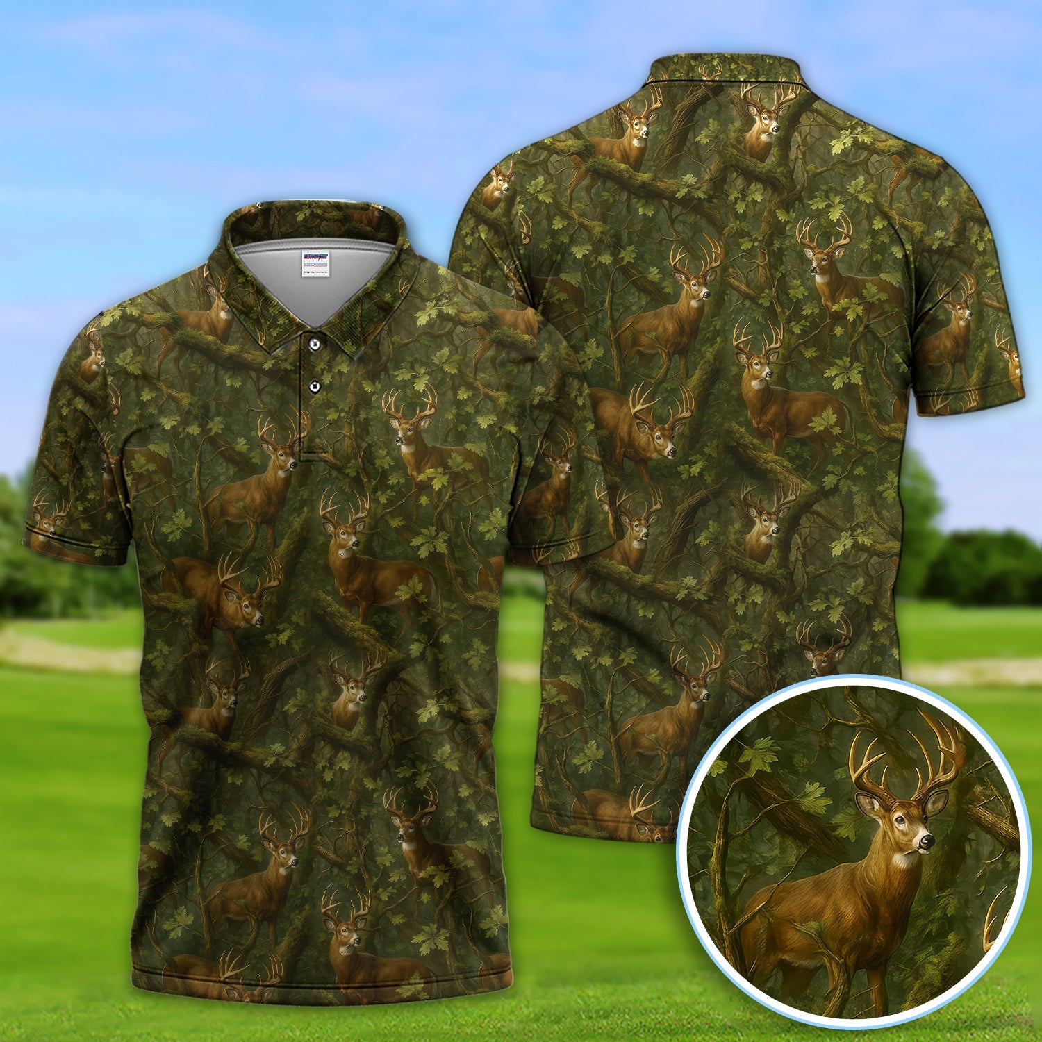 Whitetail Deer Forest Pattern Polo, Crazy Golf Shirt For Men, Golf Gift For Hunter