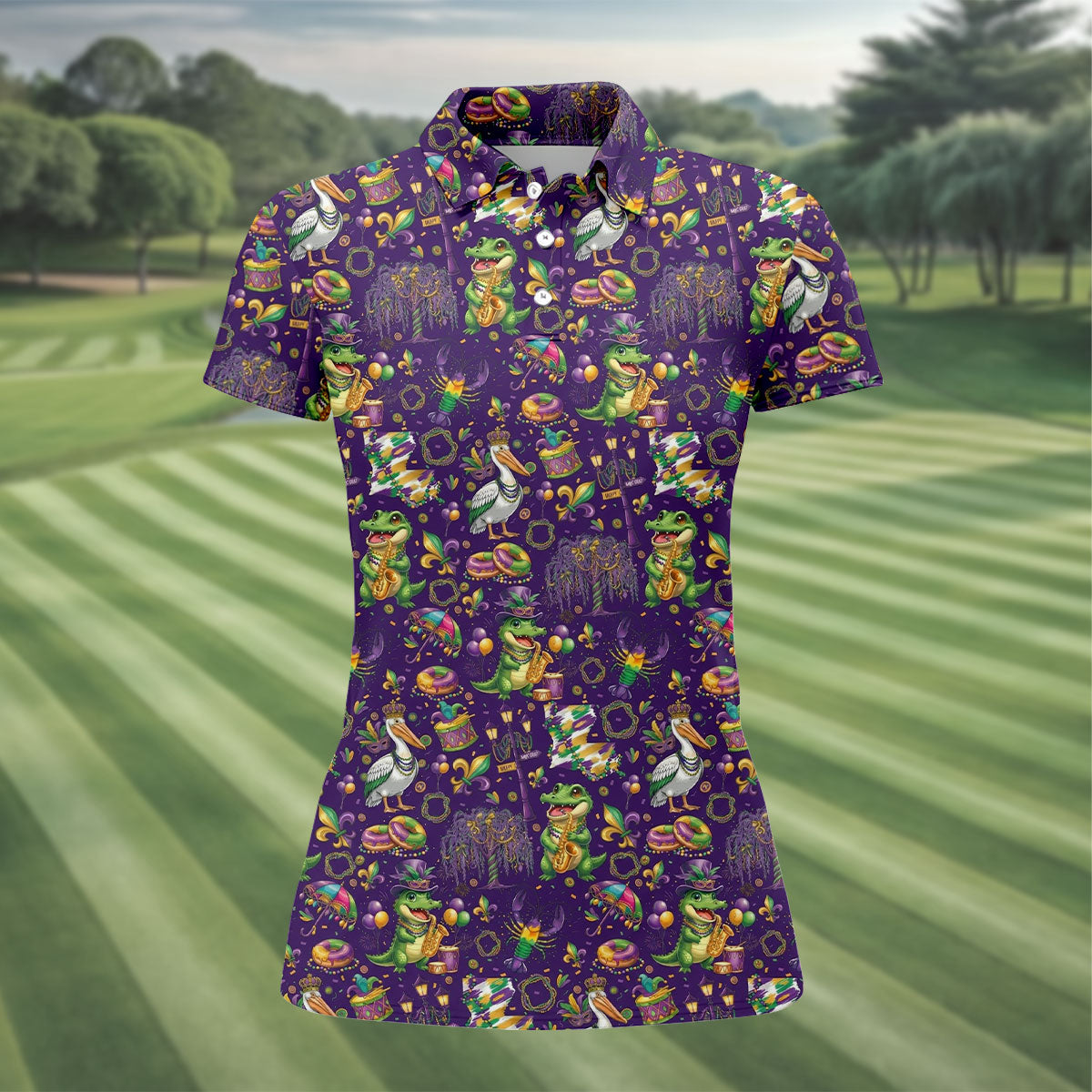 Mardi Gras Fleur De Lis Animal Band Purple Golf Shirt, Women's Golf Shirts, Ladies Golf Polos