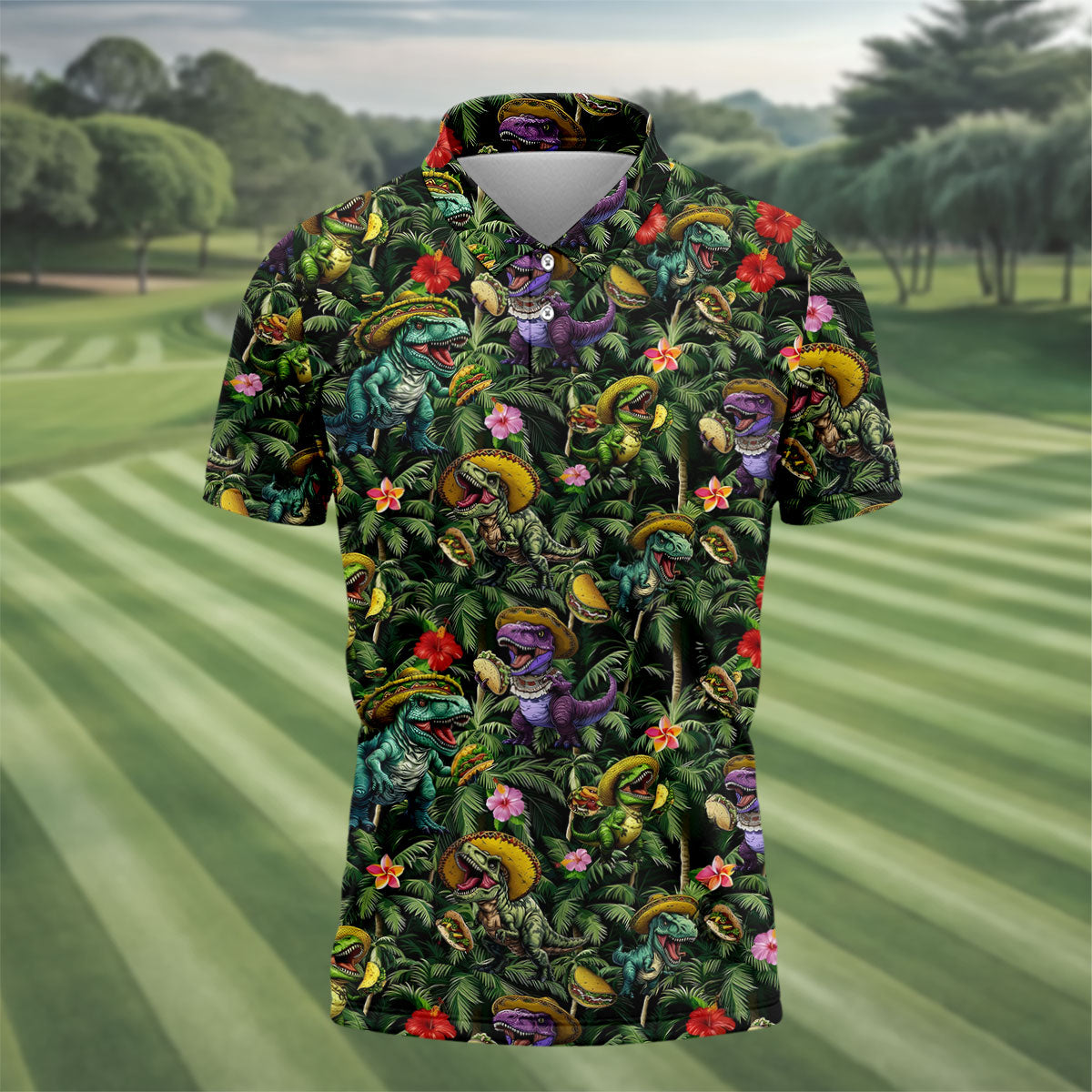 Hawaiian Dinosaur Sombreros Tacos Fun Golf Shirt, Cinco De Mayo Celebration Golf Shirts For Men
