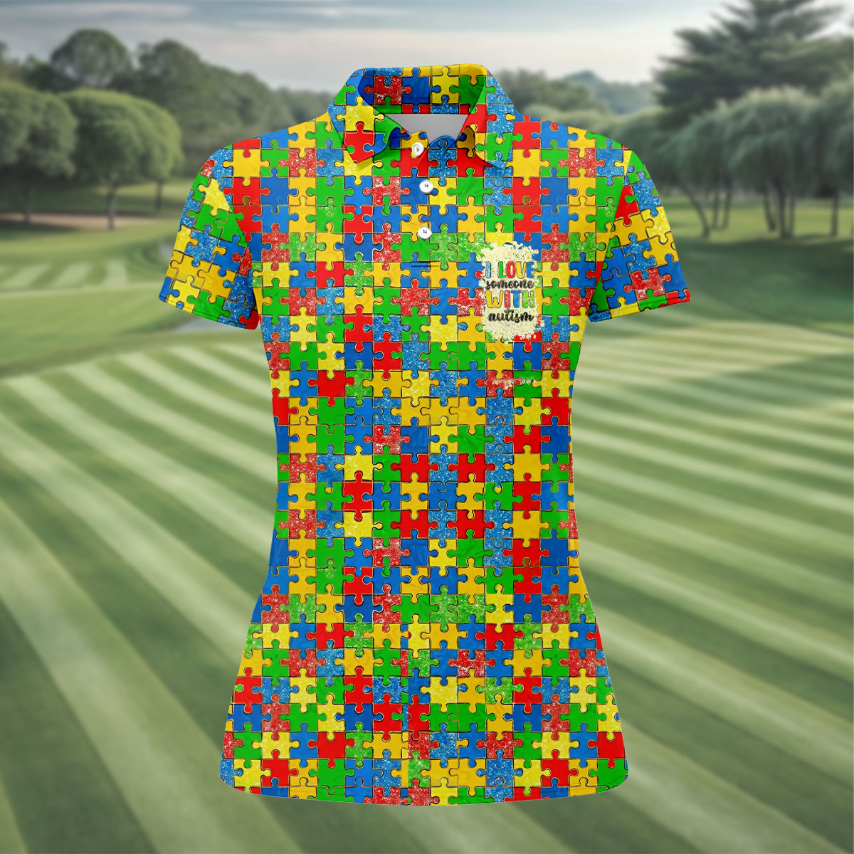 I Love Someone With Autism Colorful Puzzle Pattern Golf Shirt For Women, Autism Awareness Ladies Golf Polos