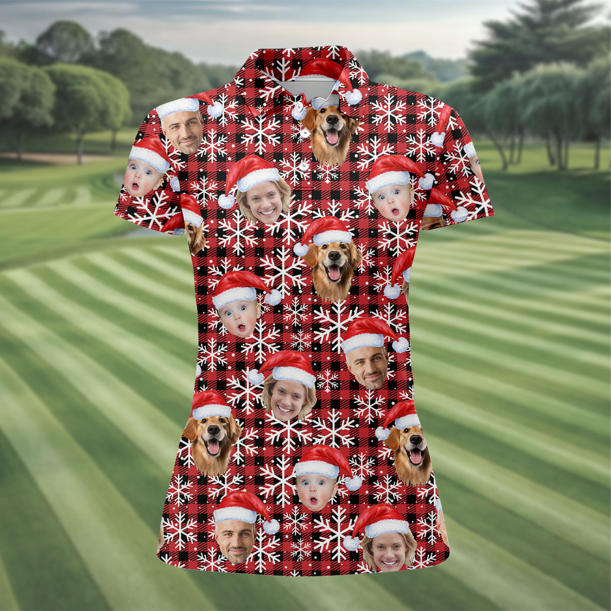 Custom Face Red And Black Checkered, Christmas Golf Shirt, Women's Golf Tops, Golf Gift For Ladies