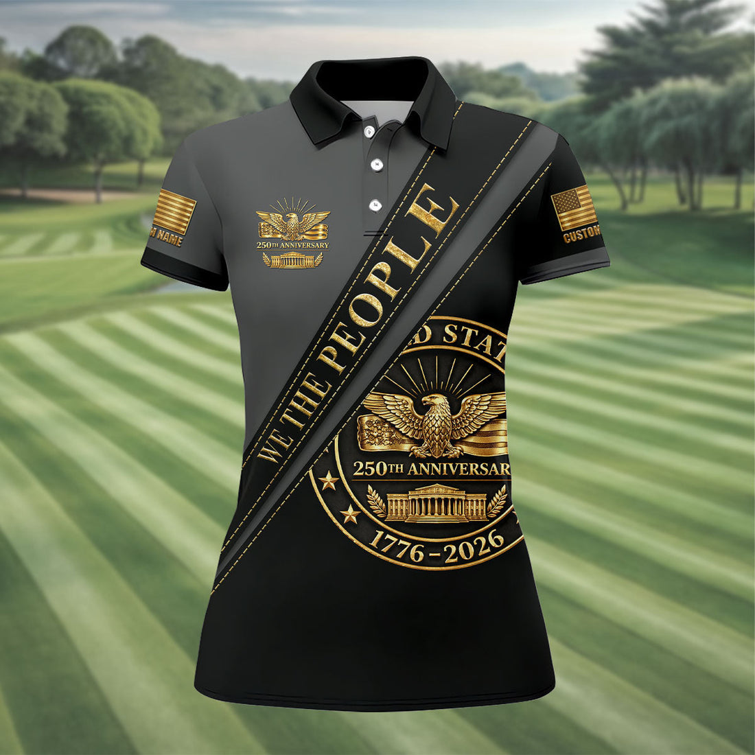 We The People 250th Anniversary Black And Gold Ladies Golf Tops, Patriotic 4th Of July Golf Shirt For Women