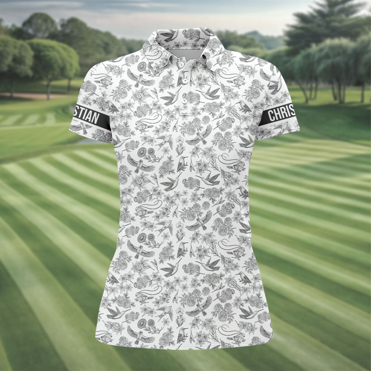 Custom Name Toile de Jouy Birds And Flowers Grey And White Women Golf Top, Ladies Golf Polos