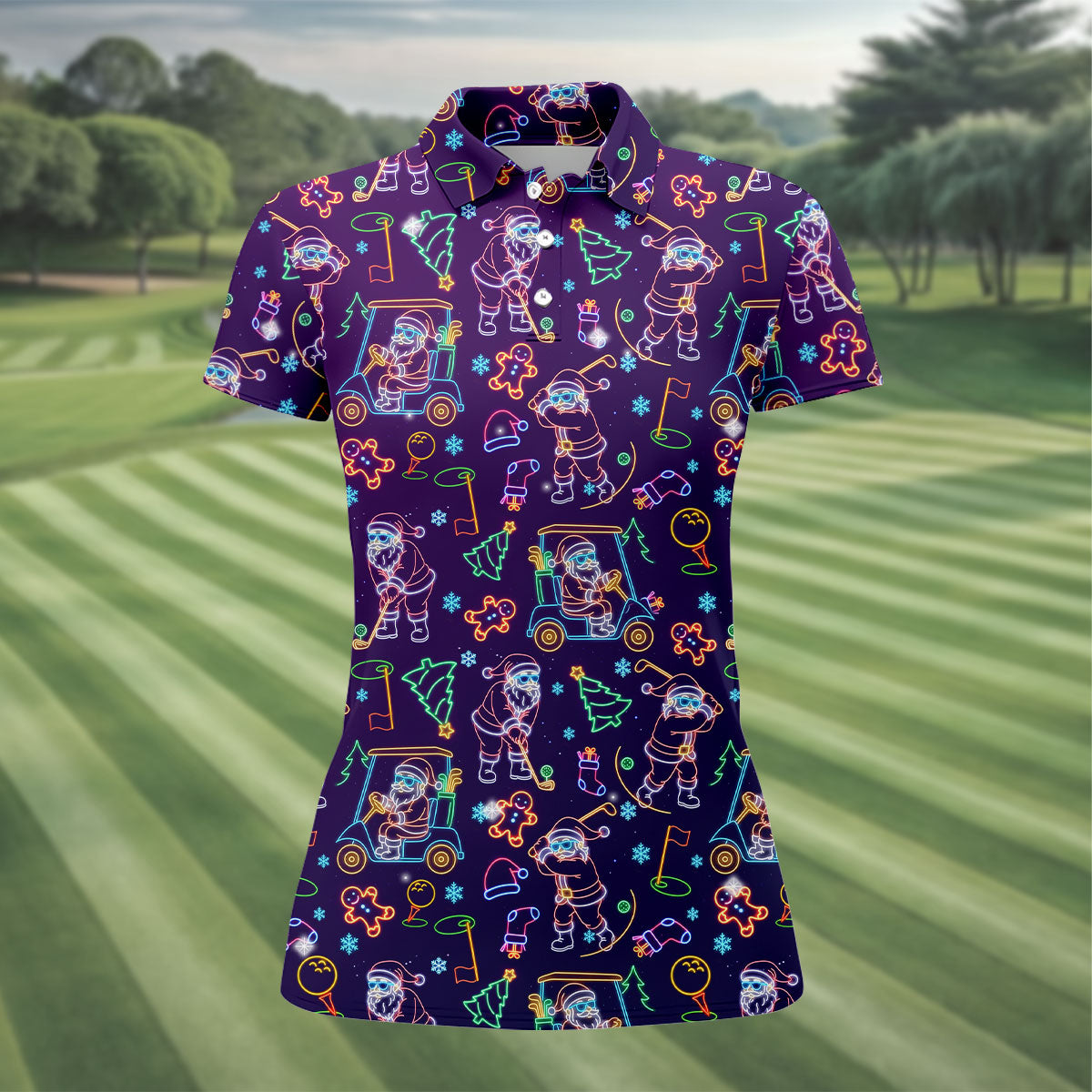 Christmas Neon Santa Golf Pose Women's Funny Golf Tops, Christmas Golf Shirt, Polo ShirtFor Women