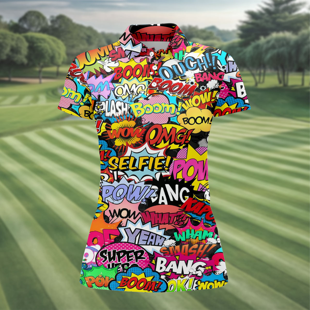 Comic Pop Art Golf Shirt, Retro Speech Bubble Pattern, Polo Shirts For Women