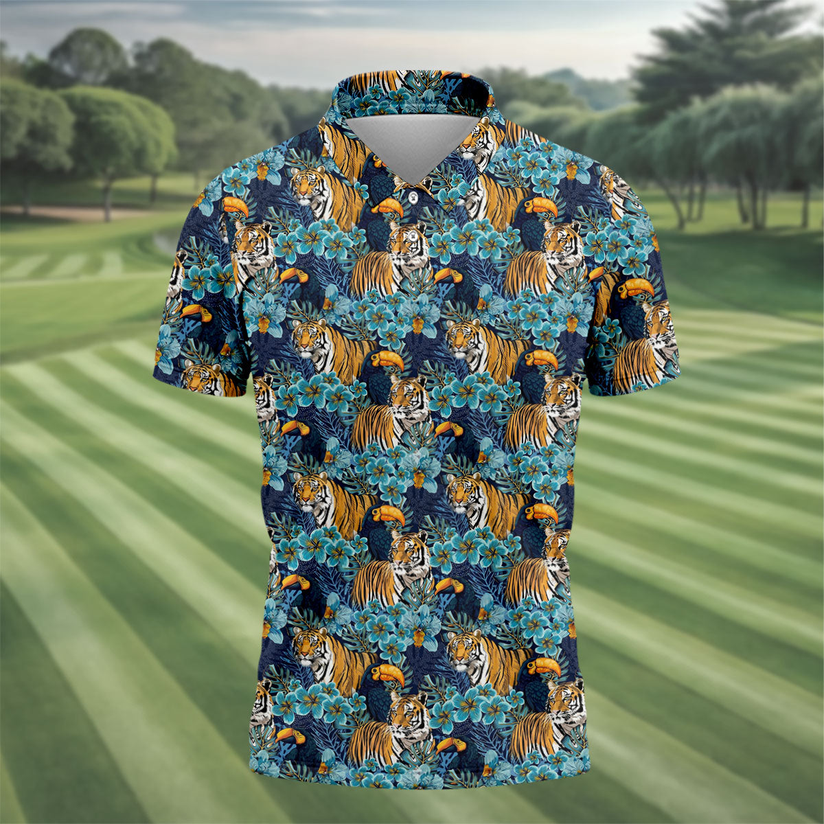Tiger And Toucan Tropical Foliage Hawaiian Golf Shirt, Polo Shirts For Men, Golfing Apparel