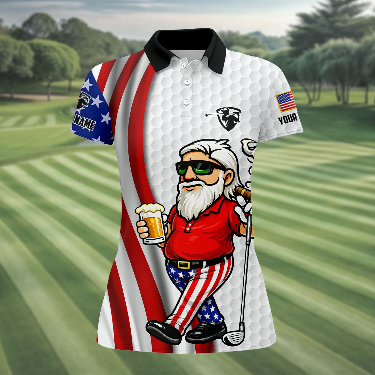 Patriotic Man Golf And Beer Funny 4th Of July White Golf Shirt, 250 Years Of America Women's Golf Tops