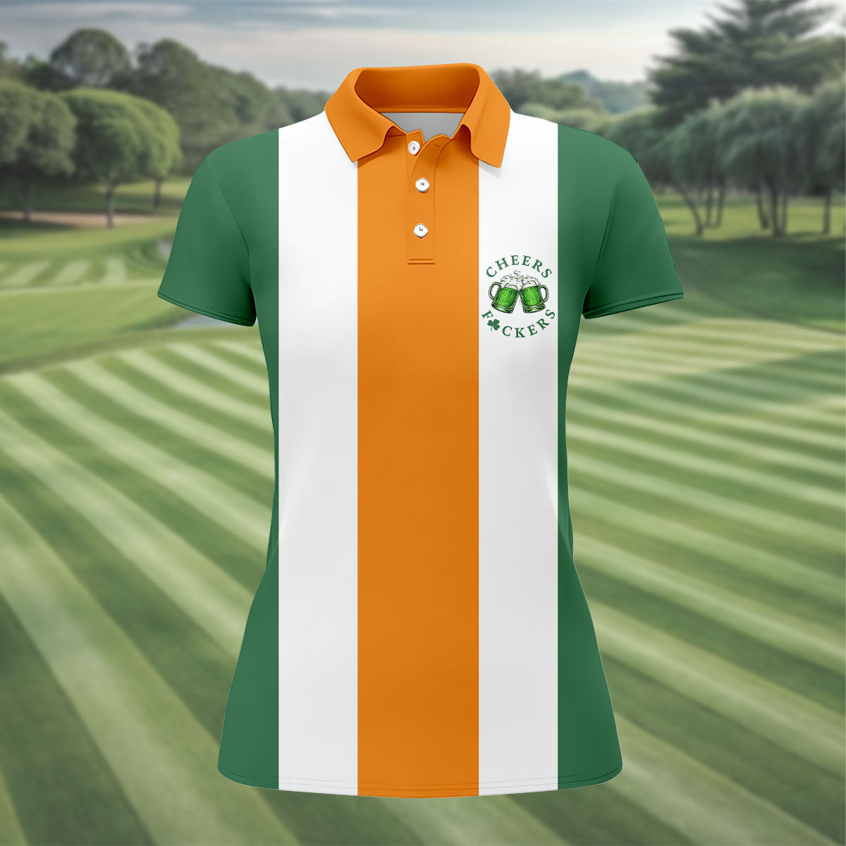 Green Orange White Vertical Stripes St Patrick's Day Golf Shirt, Women's Golf Tops, Ladies Golf Shirts
