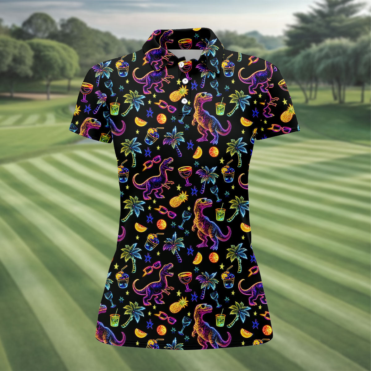 Neon Dinosaur Tropical Theme Hawaiian Golf Shirt, Golf Shirt For Women, Golfing Apparel