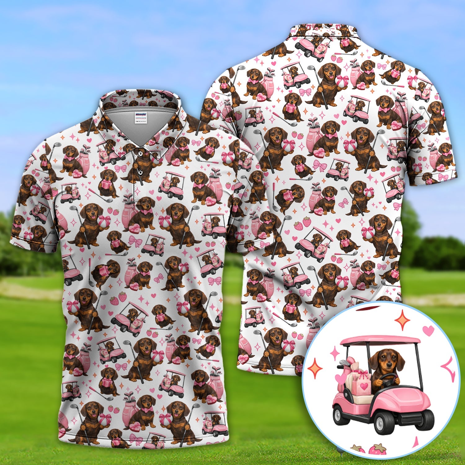 Dachshund Valentine Pattern Golf Shirt, Wiener Dog Golf Polos For Men, Golf Gift For Golfer