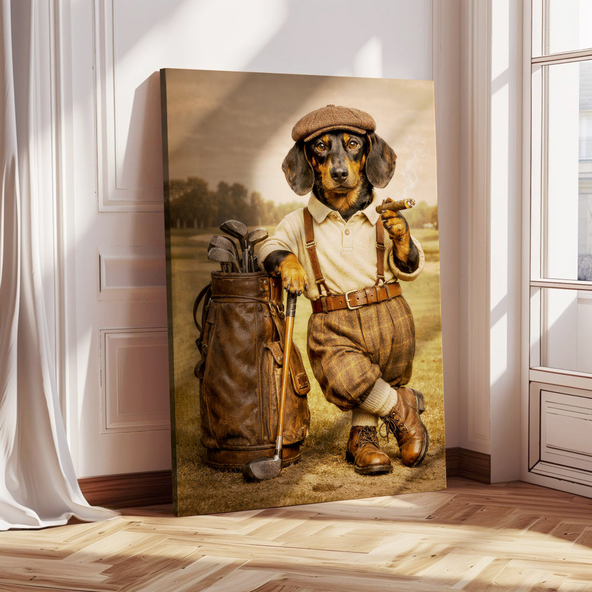 Vintage Dachshund Golf Poster, Wiener Dog Golf Wall Art, Golf Canvas For Men