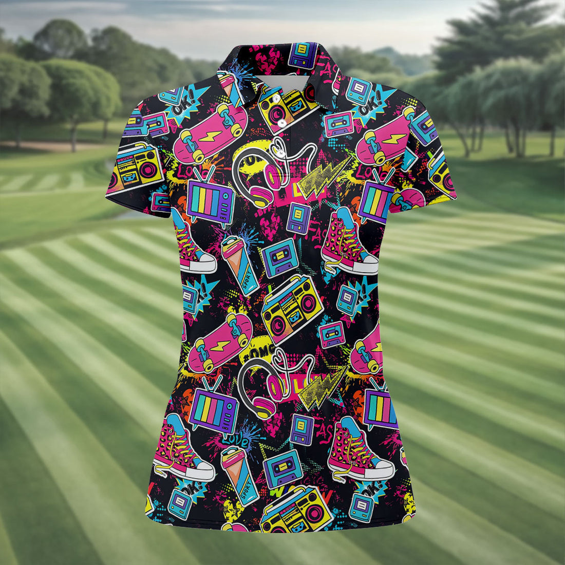 Retro 80s Colorful Pop Art Golf Shirt For Women, Vintage 90s Neon Ladies Golf Shirts