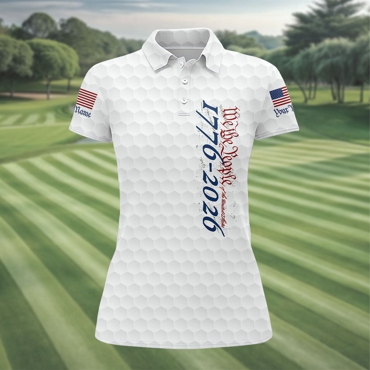 We The People Distressed American Flag White Golf Shirt, 250 Years Patriotic 4th Of July Golf Shirt For Women