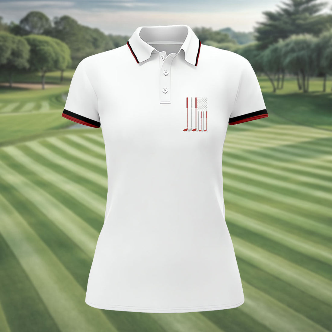 Golf Clubs America Flag Logo 250th Anniversary White Golf Shirt, Patriotic Golf Shirt, Women's Golf Tops