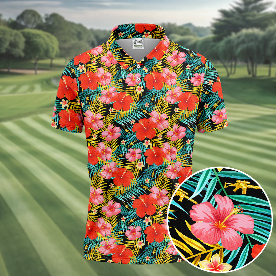 Red Hibicus Gold Palm Leaf Hawaiian Golf Shirt, Summer Theme Golf Shirts For Men