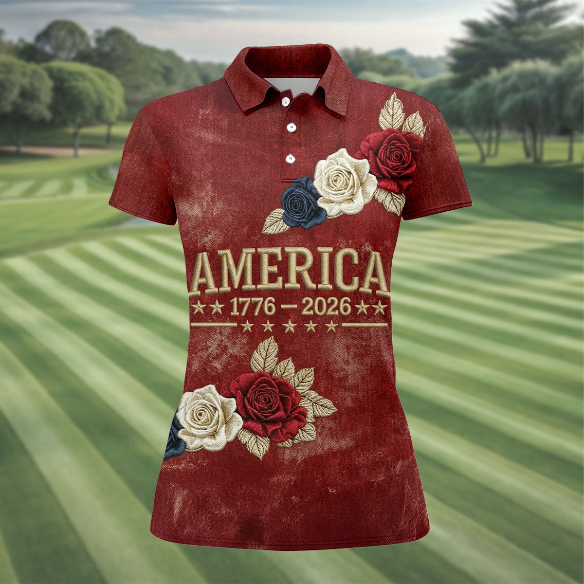 America 1776-2026 Patriotic Roses Vintage Golf Shirt, 250 Years 4th Of July Golf Shirt For Women
