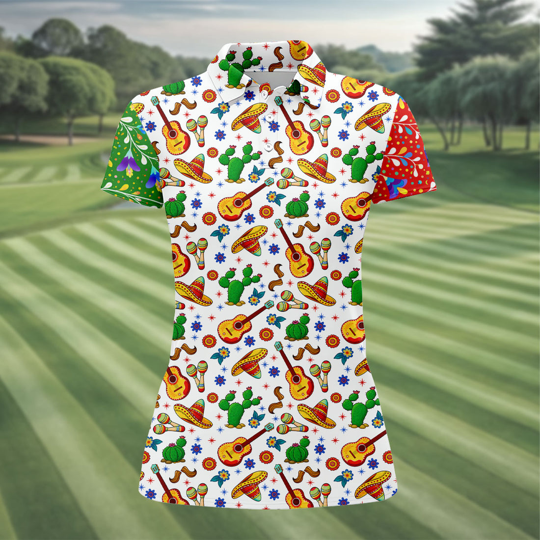 Mexican Party Seamless Pattern Ladies Golf Tops, Cinco De Mayo Celebration Golf Shirt For Women