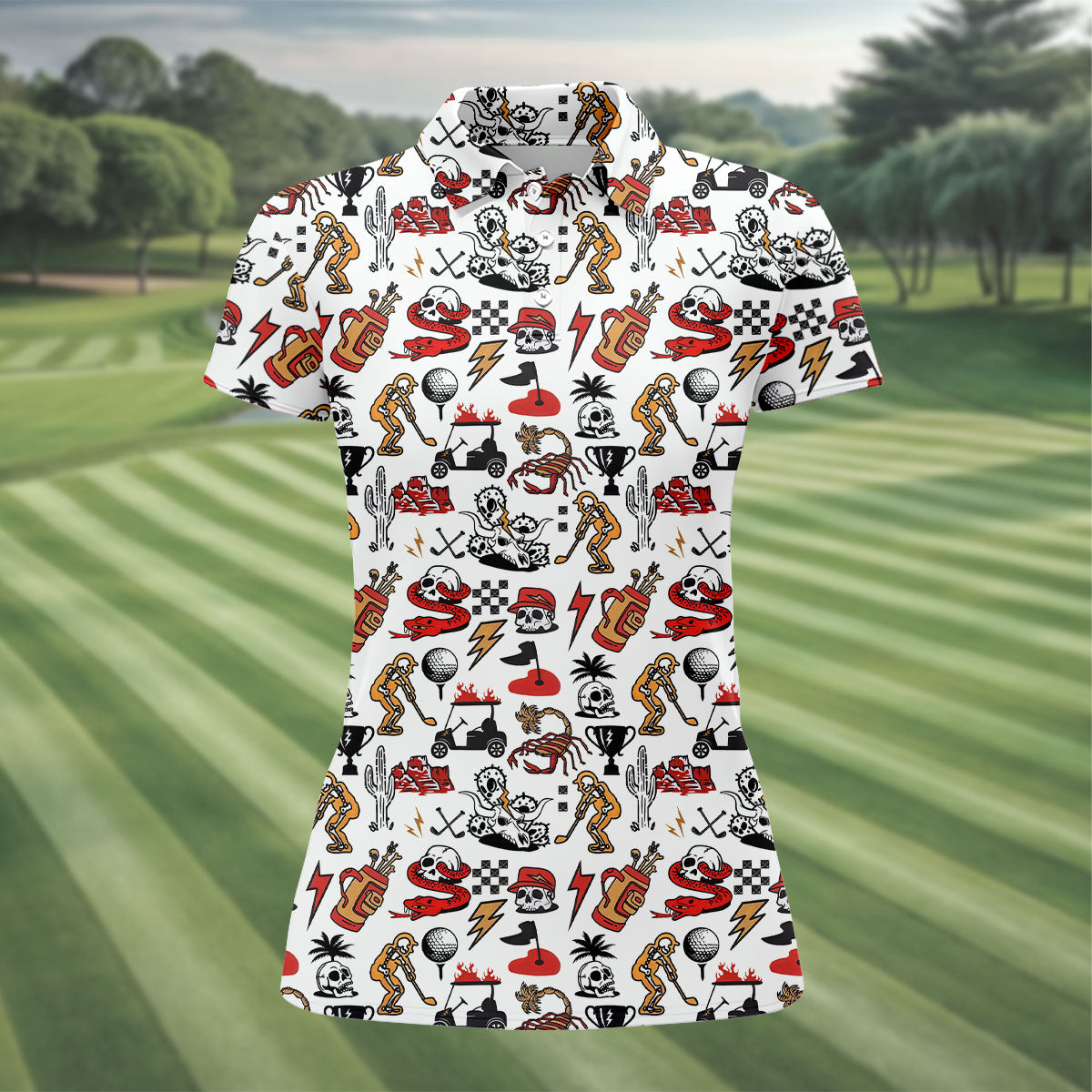 Horror Pattern White Halloween Women Golf Top, Halloween Gift Idea, Ladies Golf Shirts