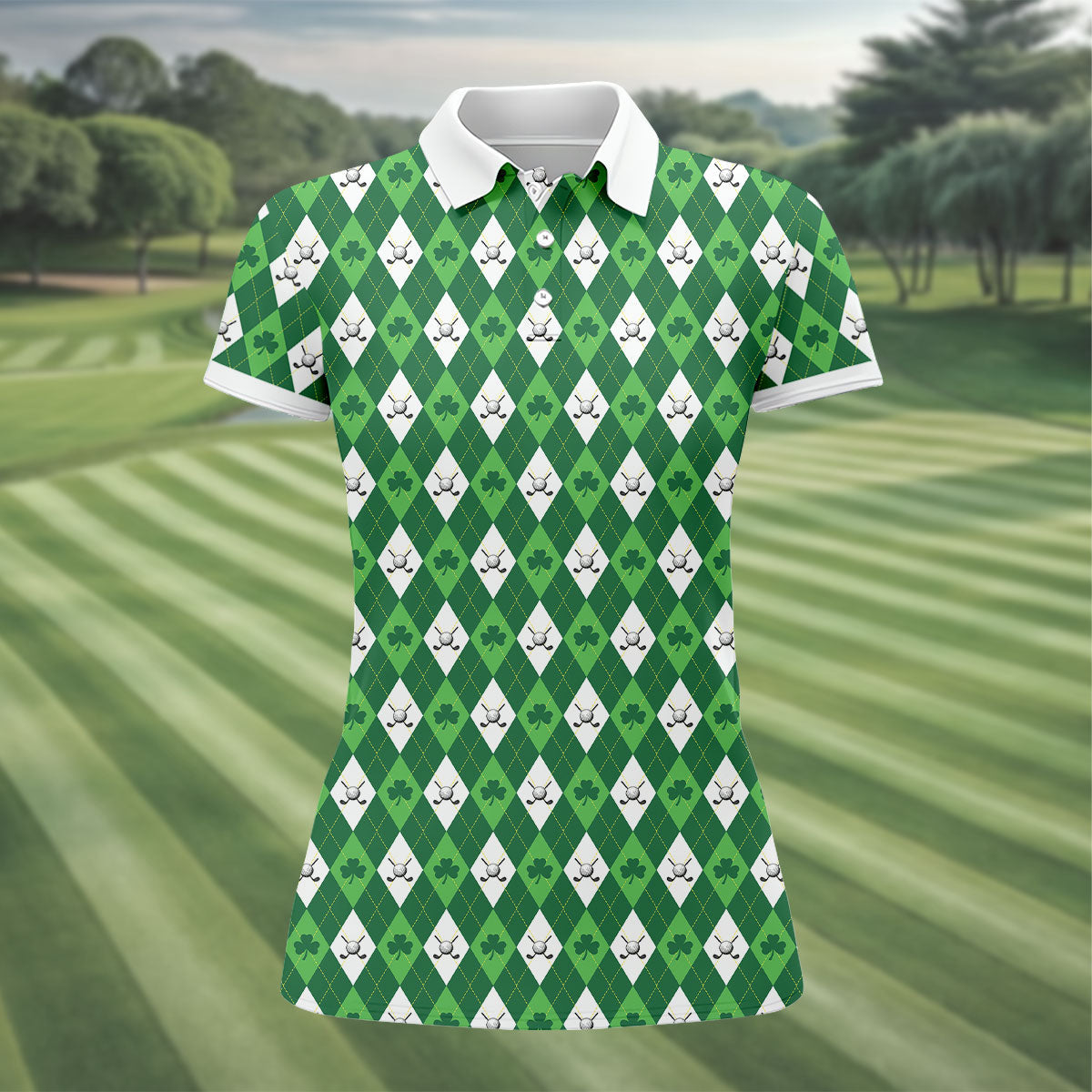 St Patrick's Day Shamrock Argyle Pattern Green And White Argyle Golf Shirt, Women's Golf Tops, Ladies Golf Polos