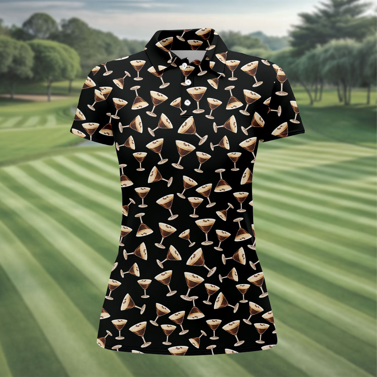 Espresso Martini Print Golf Shirt, Women's Golf Tops, Ladies Golf Shirts, Golf Shirt For Women