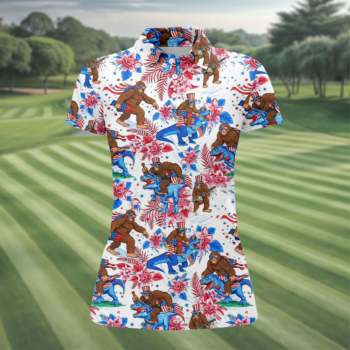American Flag Patriotic Pride Funny Bigfoot Hawaiian Golf Shirt, 250th Anniversary Women's Golf Tops