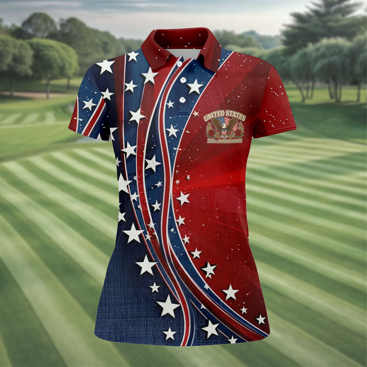 US 250th Anniversary Red White Navy Stars And Stripes Patriotic Golf Shirt, 4th Of July Golf Shirt For Women