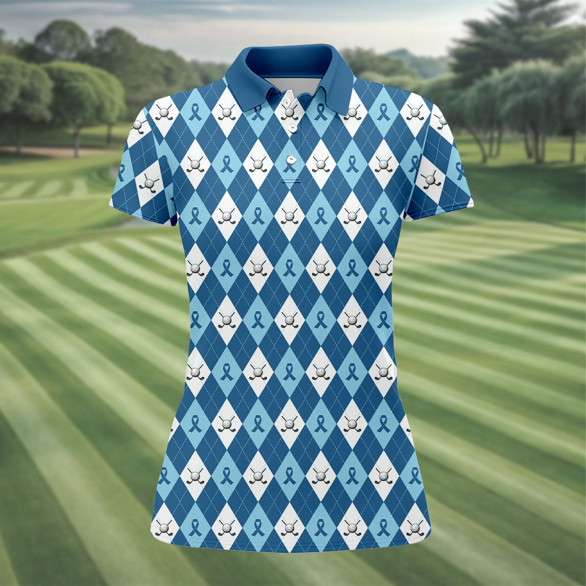 Prostate Cancer Blue And White Argyle Pattern Women's Golf Tops, Cancer Survivor Shirt, Cancer Awareness Shirt