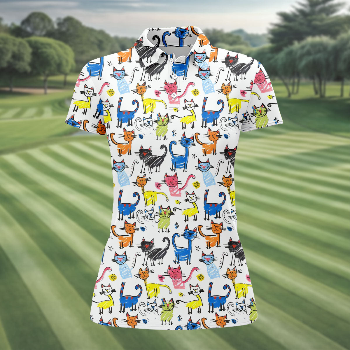Cartoon Cat Golf Shirt, Colorful Doodle Cat Pattern, Polo Shirts For Women
