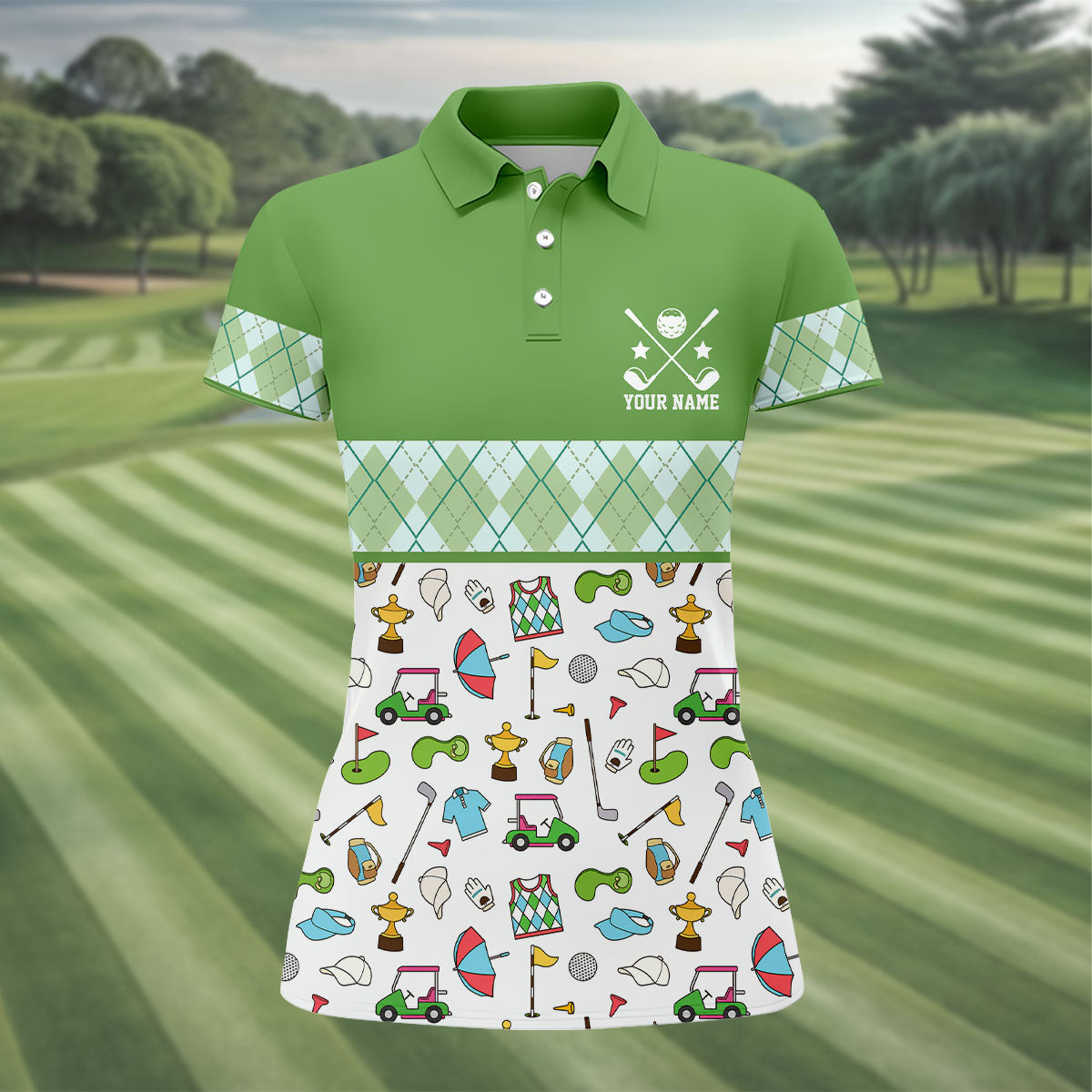 Custom Name Green Argyle Golf Icons Pattern Golf Shirt, Women’s Golf Polo, Golf Tops For Women, Printed Golf Shirt