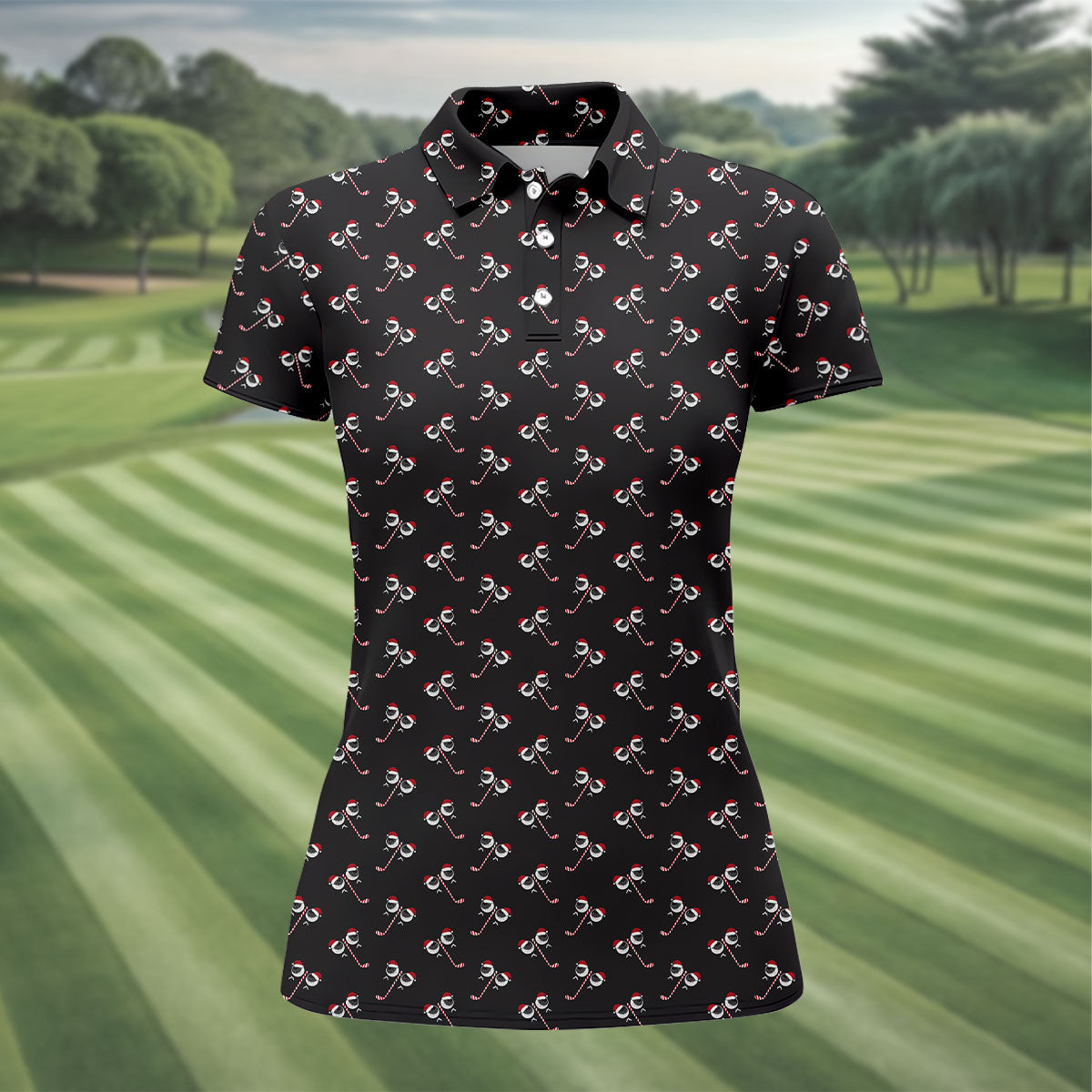 Funny Christmas Candy Cane Pattern Black Golf Shirt, Christmas Golf Shirt, Golf Gifts For Women