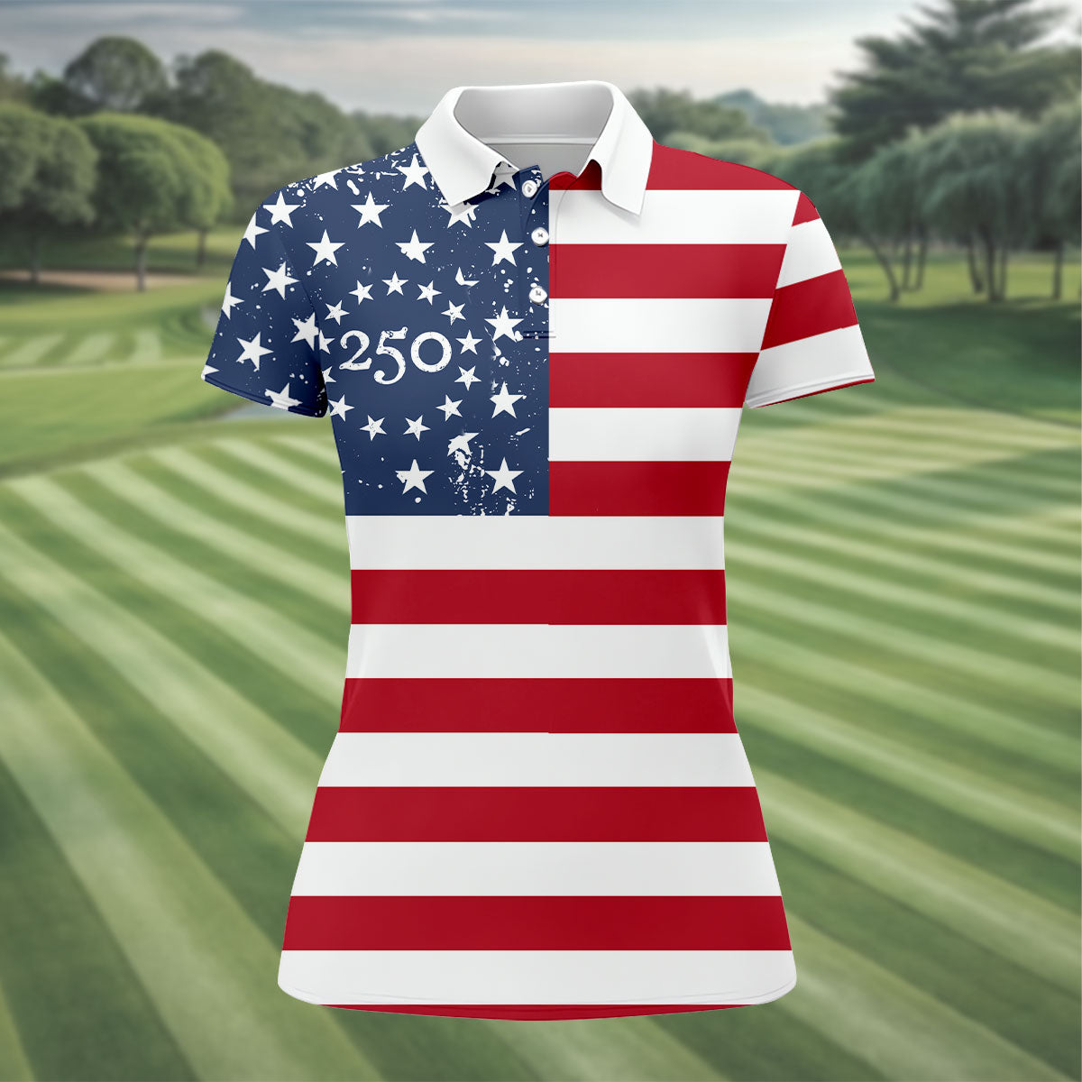 USA Flag Pattern Vintage Golf Shirt, 250th Anniversary Patriotic Golf Shirt, 4th Of July Women's Golf Tops