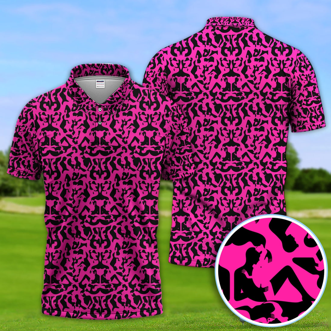 Bold Silhouette Pattern Polos, Hot Pink Abstract Golf Shirt, Golf Gift For Golfer