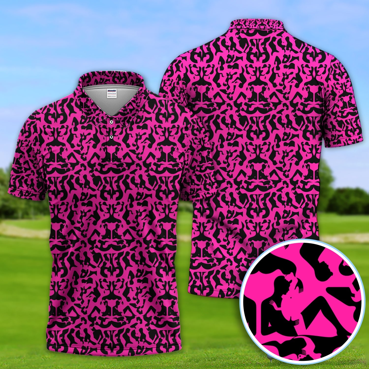 Bold Silhouette Pattern Polos, Hot Pink Abstract Golf Shirt, Golf Gift For Golfer