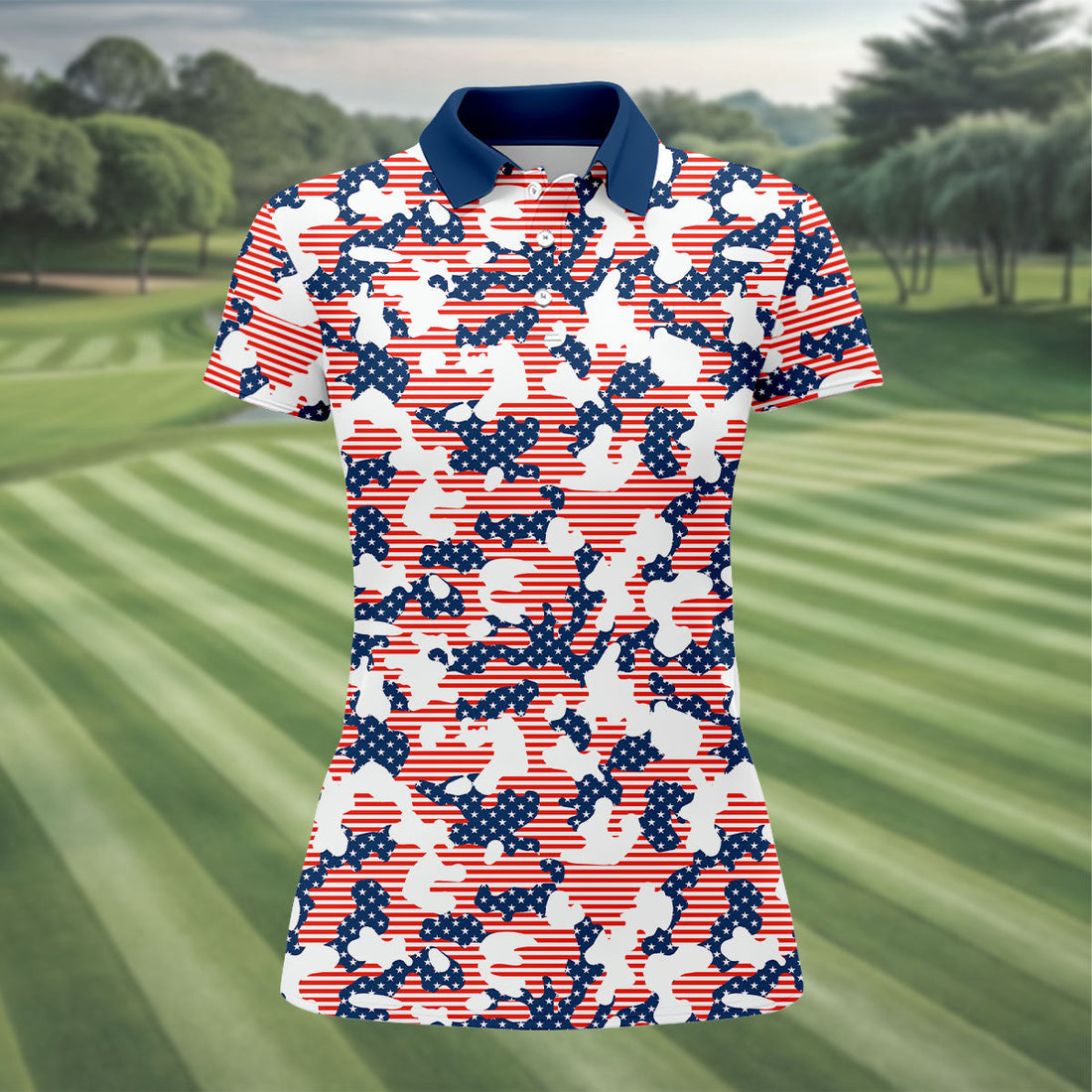 Red White And Blue Camo Patriotic Golf Shirt, 4th Of July Golf Shirt, 250 Celebration Golf Shirt For Women