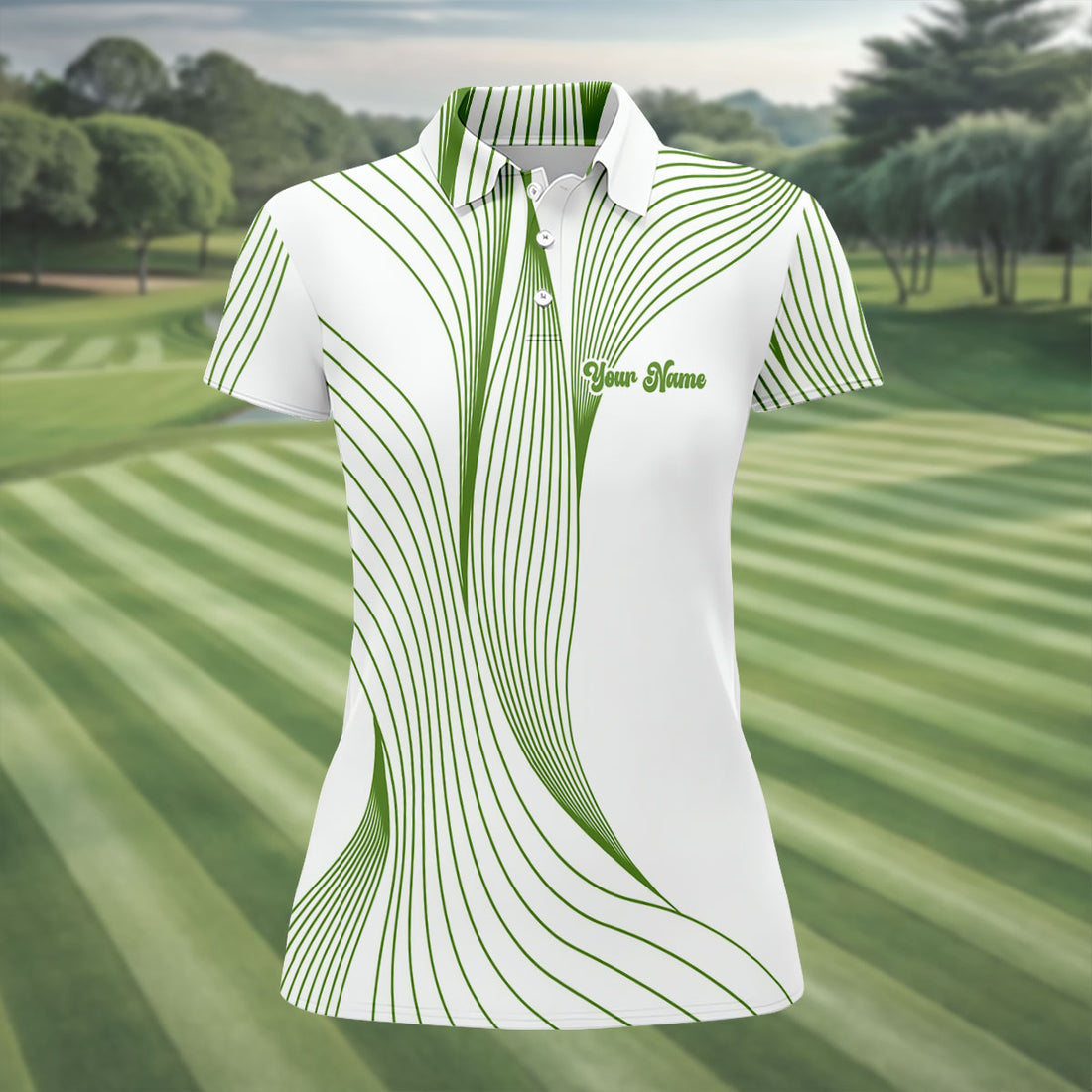 Geometric Line Wavy Line Green And White Custom Name Women's Golf Tops, Ladies Golf Shirts, Women's Polo Shirt