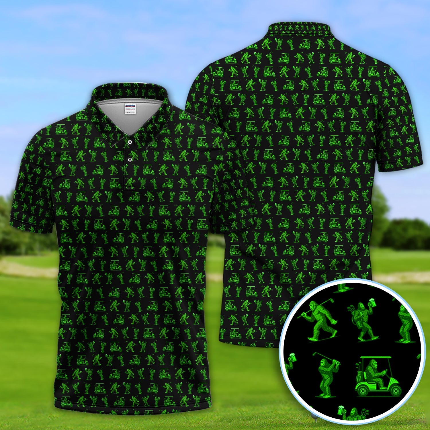 Bigfoot Golf Pattern Shirt, Funny Sasquatch Golf Polos For Men, Neon Green Golf Shirt For Golfer