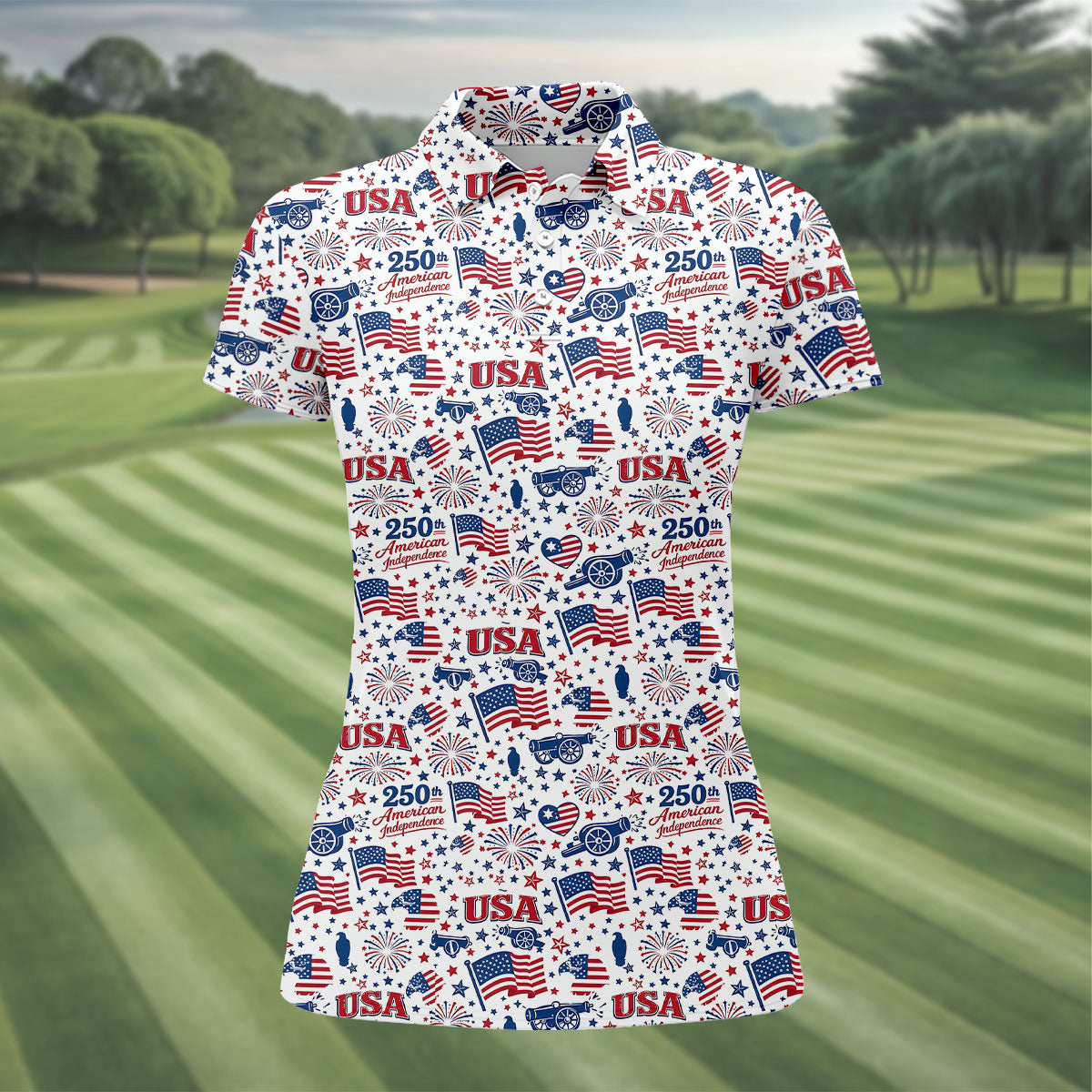 250th American Independence Red White Blue Ladies Golf Tops, Patriotic 4th Of July Golf Shirt For Women