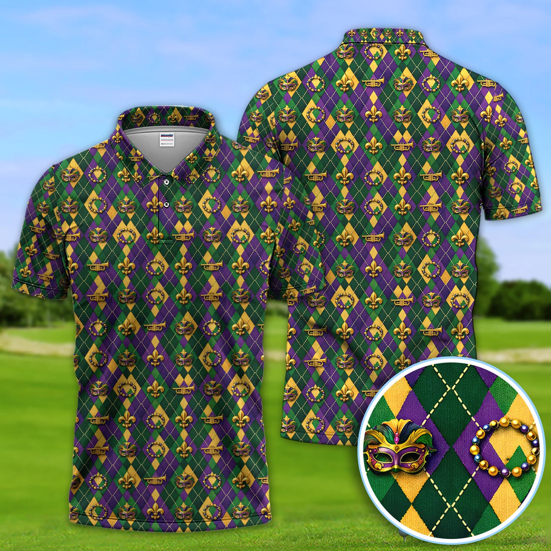 Mardi Gras Argyle Golf Polos, Carnival Pattern Golf Shirt For Golfer, Golf Gift For Men
