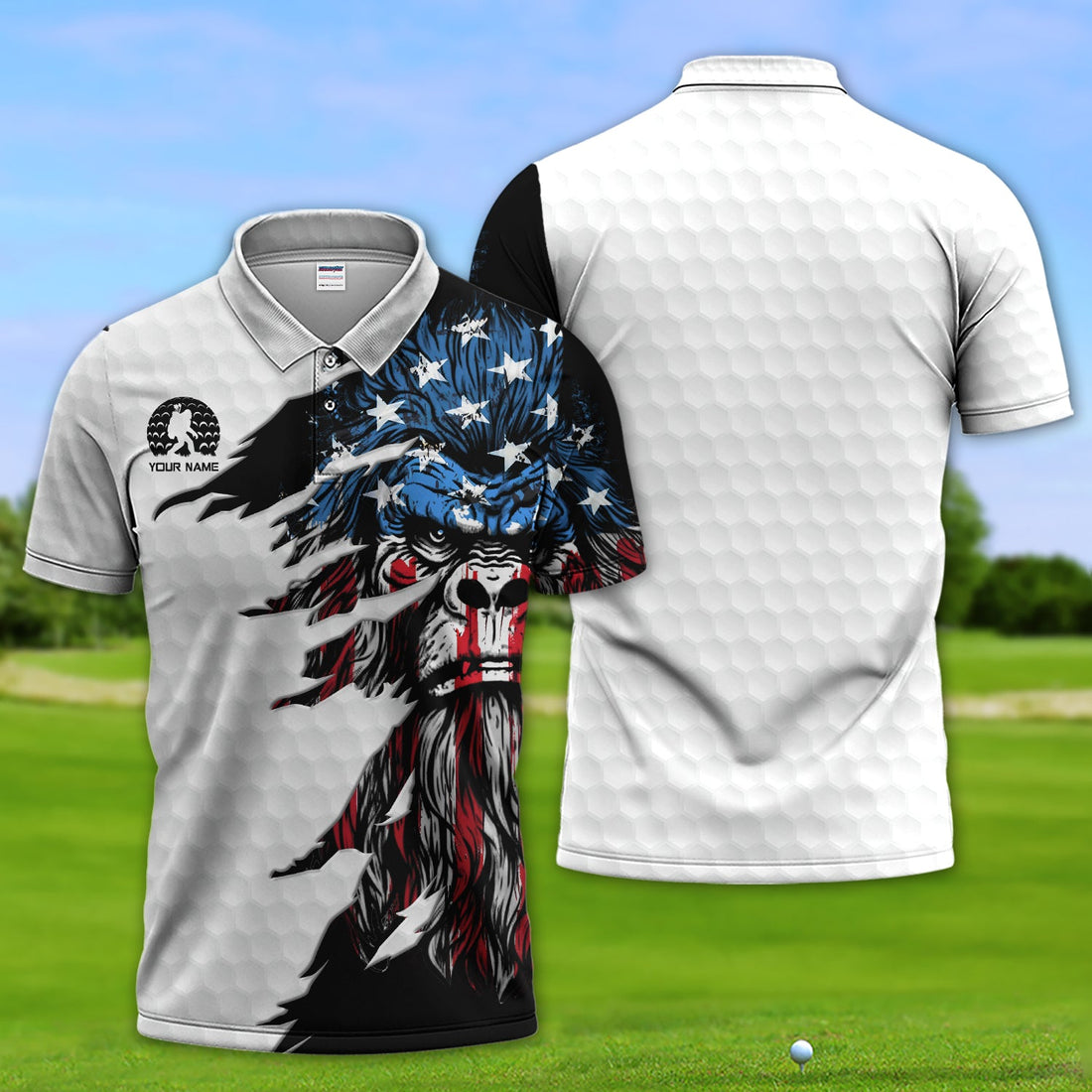 Personalized Patriotic Bigfoot Polos, Custom Name American Flag Bigfoot Golf Shirt, Golf Gift For Golfer