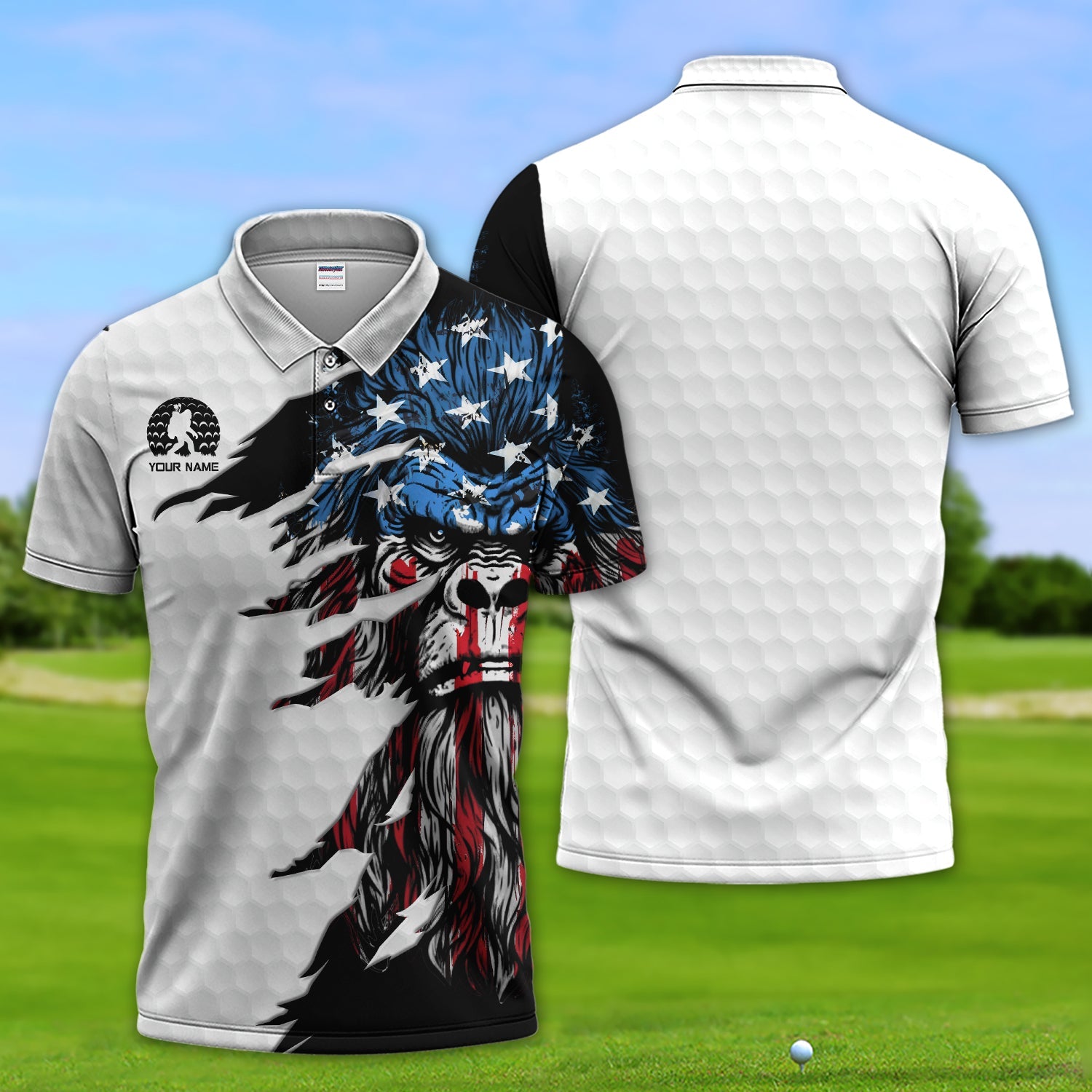 Personalized Patriotic Bigfoot Polos, Custom Name American Flag Bigfoot Golf Shirt, Golf Gift For Golfer