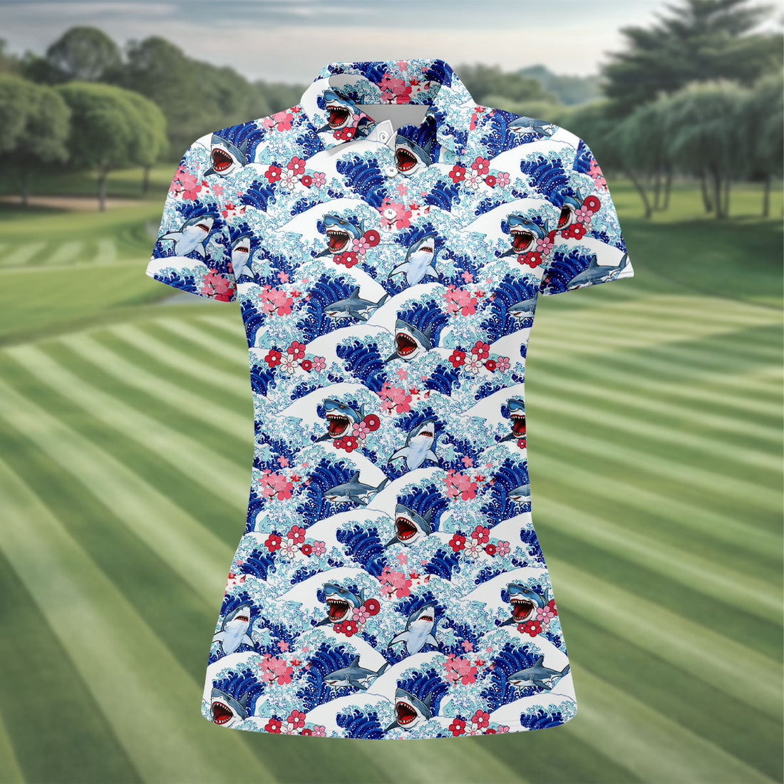Japanese Shark Wave Sakura Golf Shirt, Women's Golf Tops, Golf Shirts For Women, Women’s Golf Apparel