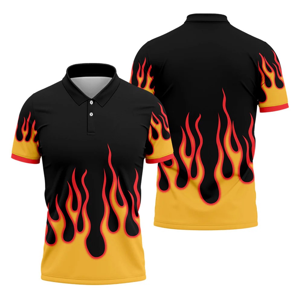 Retro Flame Fire Pattern Design Hawaiian Golf Shirt, Golf Shirts For Men, Polo Shirts For Men