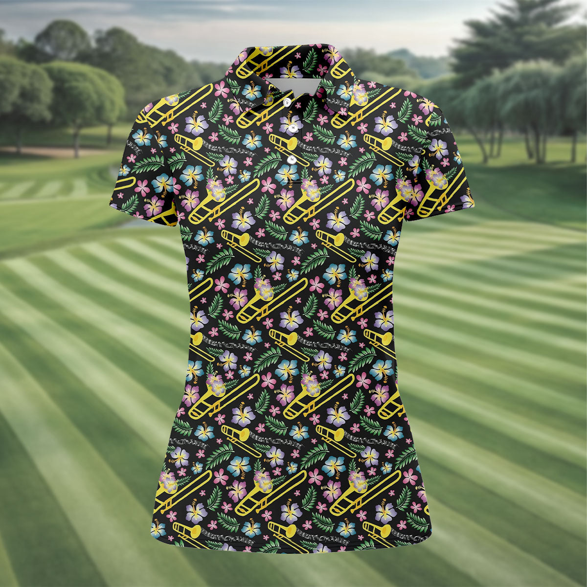 Trombones Floral Tropical Vibe Golf Shirt For Women, Ladies Golf Shirts, Women's Polo Shirt