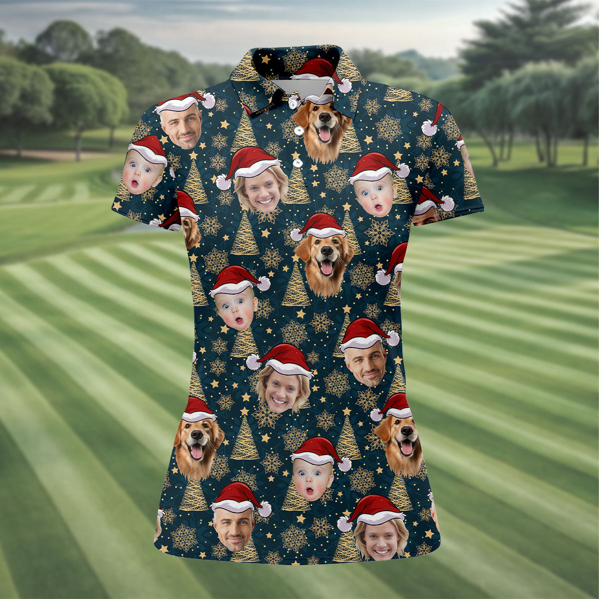 Custom Face Dark Blue And Gold Christmas Women's Golf Tops, Ladies Golf Shirts, Christmas Golf Gift