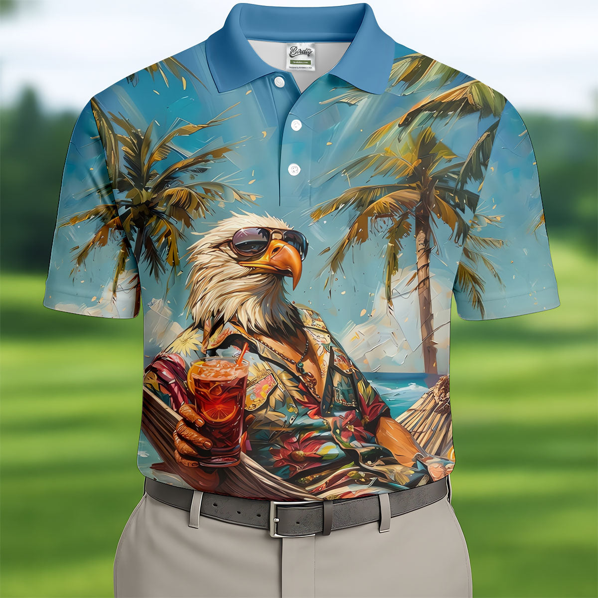 Cool Bald Eagle Tropical Vacation Hawaiian Golf Shirt, Vibrant Color Golf Shirts For Men